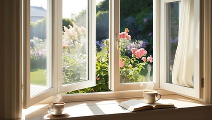 Describe a cozy, sunlit room where a cool morning breeze gently flows through an open window