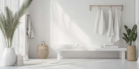 White room with a bench, plants, and hanging clothes.