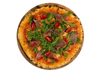 Rustic Italian Pizza with Fresh Arugula and Prosciutto on Wooden Board