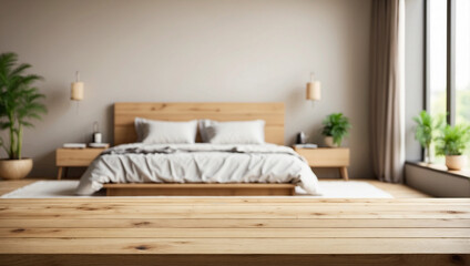 The empty wooden table top with blur background of bedroom interior. For product display