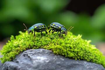 Beetles, on a mossy rock, blending in demonstrate the effectiveness of natural camouflage