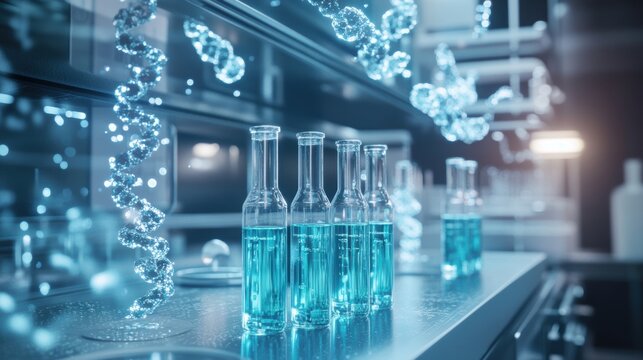 molecular biology innovation, cutting-edge molecular biology lab visualizes biochemical reactions and dna strands, demonstrating modern scientific advancements