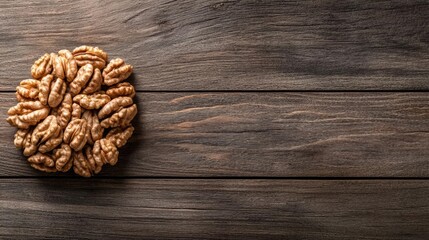 A close-up of a walnut cluster on a rustic wooden surface, showcasing its rich texture and natural beauty.