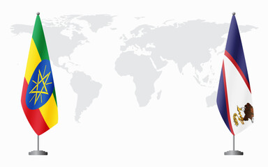 Ethiopia and American Samoa flags for official meeting against background of world map.