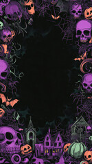 Obraz premium A black and purple background with skulls and bats