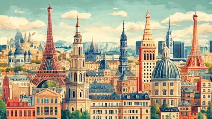 Obraz premium Step Back in Time: 1950s European Vacation Travel Poster with Iconic Landmarks