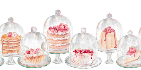 Watercolor pastry desserts with whipped cream, fresh strawberry on glass stands under cloche