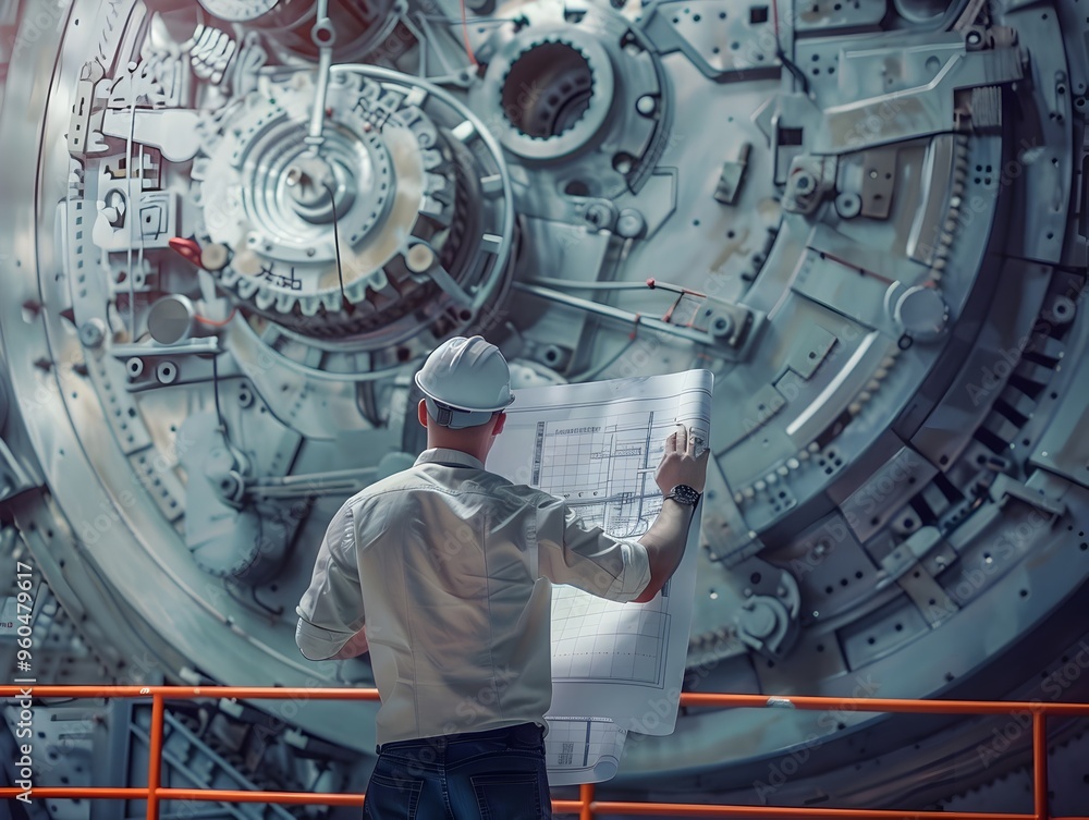 Aufkleber industrial engineer analyzing intricate machine blueprints for manufacturing process optimization