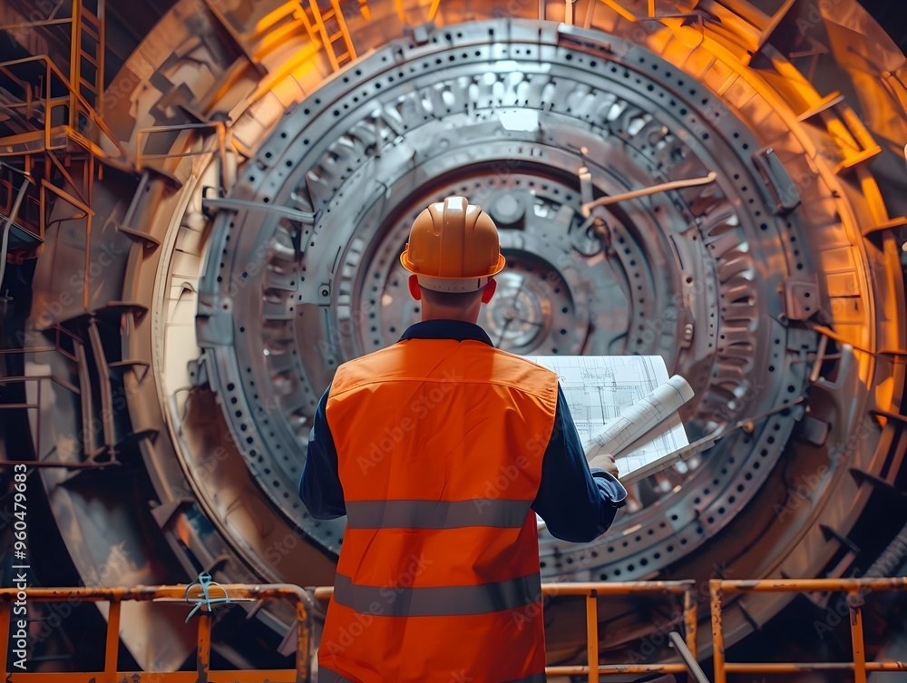Aufkleber industrial engineer analyzing detailed blueprints in front of a large intricate machine