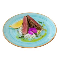 Gourmet Seared Tuna with Elegant Garnish on Blue Ceramic Plate