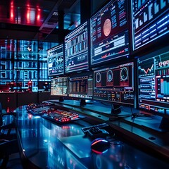 High Tech Control Room with Complex Data Monitoring Systems in Futuristic Setting
