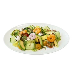 Gourmet Avocado and Shrimp Salad with Edible Flowers on Elegant White Plate
