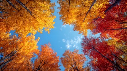 Crisp blue sky and warm autumn tones in the trees, with golden and red leaves, offering a picturesque background for fall-themed designs.