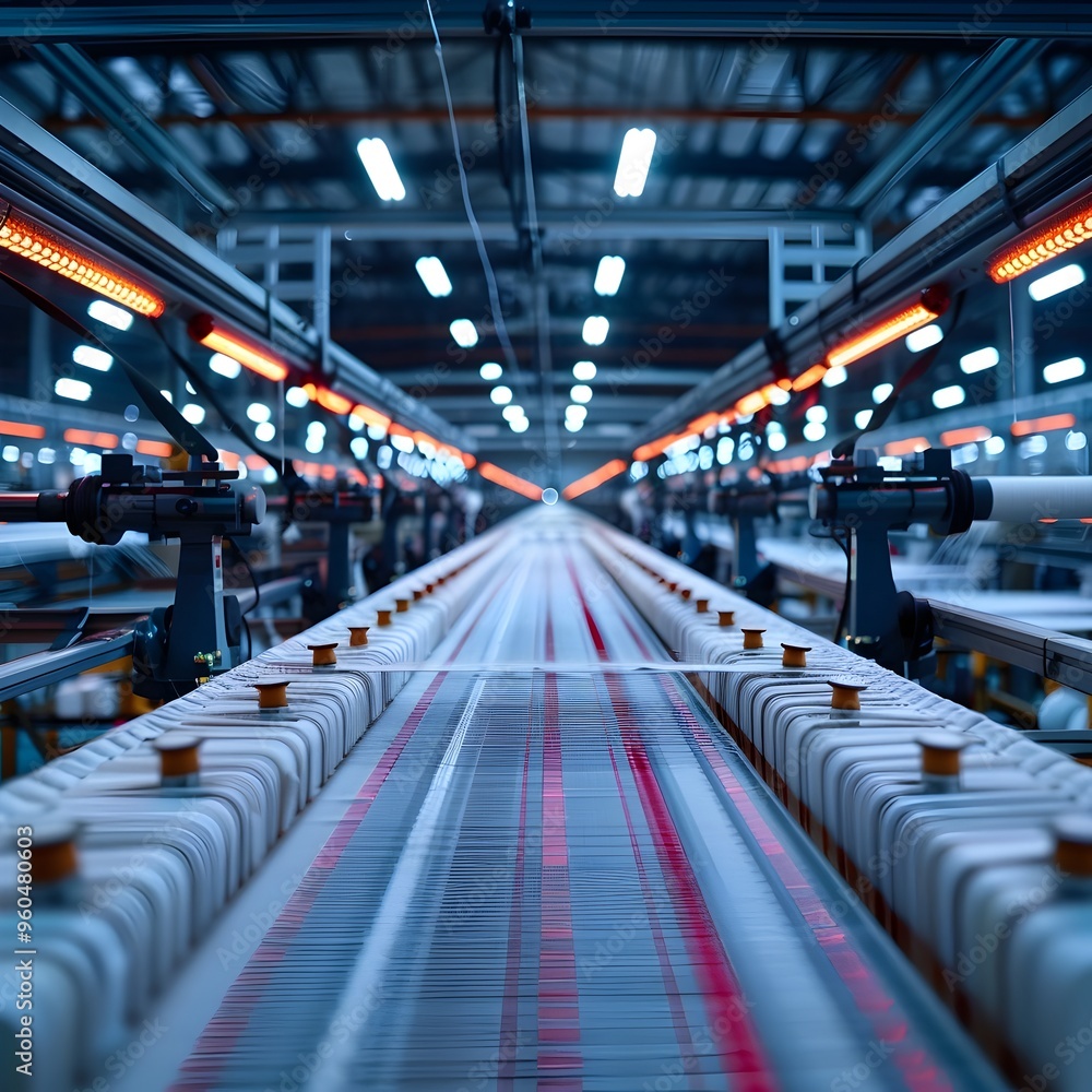 Poster automated textile factory with rows of weaving machines under bright lights
