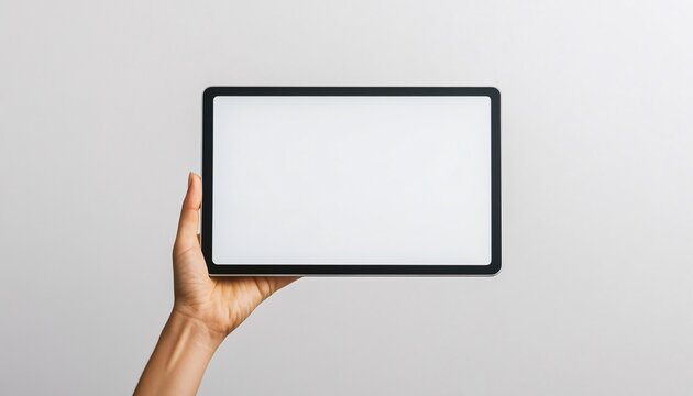 Hand holding a tablet displaying a blank screen for showcasing designs or applications, perfect for device mockup presentations.