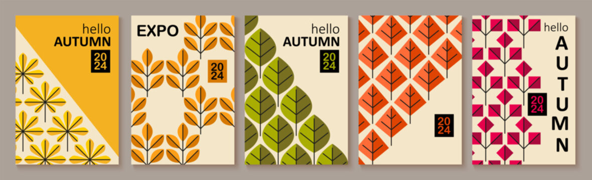 Abstract autumn art. Bright warm colors, fall leaves, trees, geometric retro pattern. Frame, background for text. Modern autumn poster, web banner, flyer vector design.