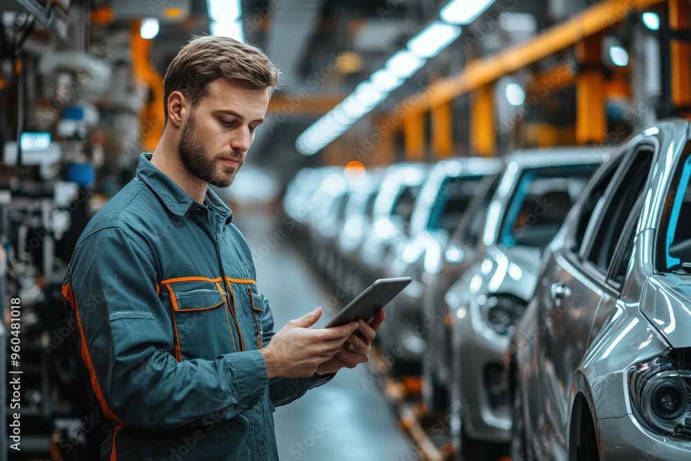 Poster a technician stands in an automotive factory, using a tablet to oversee the manufacturing process as
