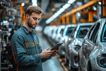 A technician stands in an automotive factory, using a tablet to oversee the manufacturing process as cars are being assembled. The environment is bustling with activity