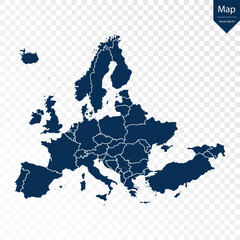 Transparent - High Detailed Blue Map of Europe. Vector eps10.	
