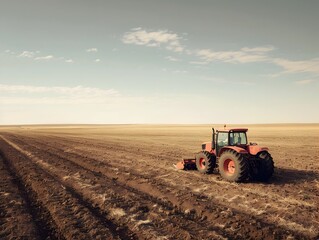 Obraz premium Automated Tractor Revolutionizing Modern Agriculture in Vast Cultivated Fields Under Clear Skies