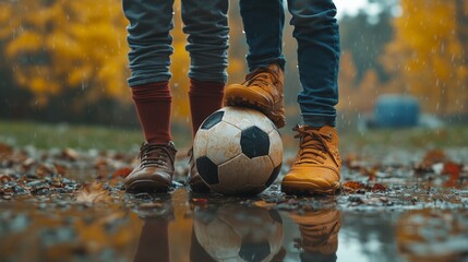 Children in football boots are standing on a wet ball in a rainy park