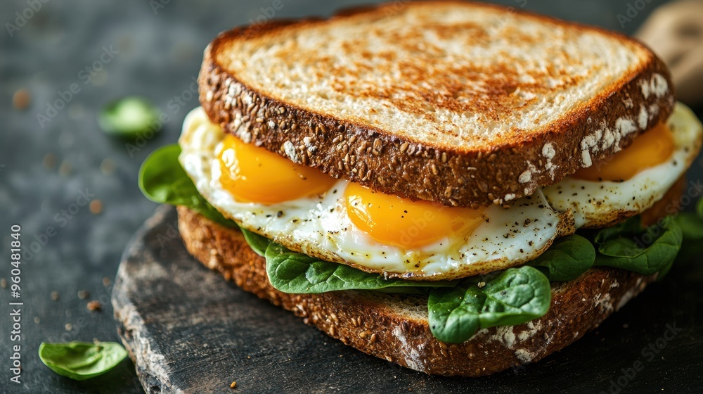 Wall mural delicious whole wheat breakfast sandwich with eggs, spinach a healthy meal idea for starting your day right, great for a health-conscious menu design