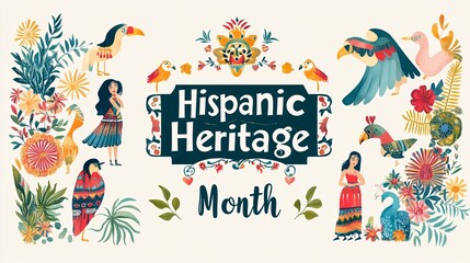 Illustration for celebrating hispanic heritage month with latin american women, birds, and flowers