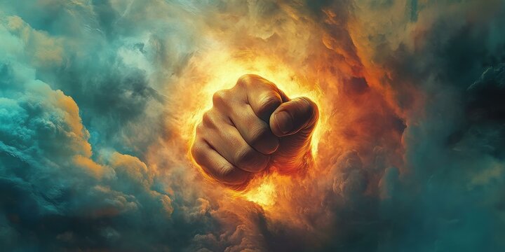 A clenched fist emerges from a fiery sky.