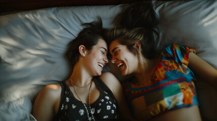 Lesbian couple smiling, sharing an intimate and affectionate moment in bed.