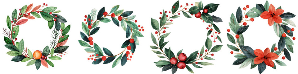 Beautiful floral wreaths with vibrant greenery and festive blooms, perfect for holiday decorations and seasonal designs.
