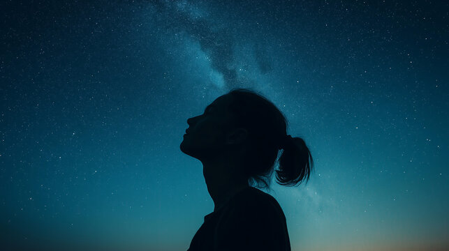 Woman gazing at starry sky, silhouette under Milky Way, stargazing at night, cosmic wonder, star-filled sky, universe exploration, night photography, celestial beauty, inspirational scene

