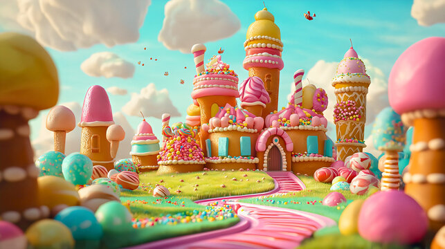 A chocolate and candy tile path leading to a sweet castle, which is made of various candies and is a grand treat in this fictional realm.