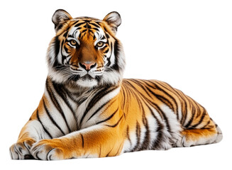 Majestic tiger resting in natural posture indoors, cut out - stock png.