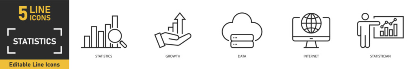 Fototapeta premium Statistics line icon set. Set of 5 outline icons related to statistics, growth, data, internet, statistician and more. Vector illustration.