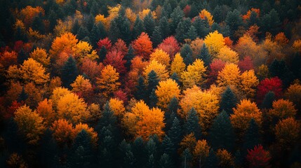Aerial view of a lush autumn forest, with the bright foliage creating a stunning mosaic of warm colors.