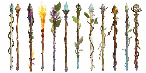 A series of cartoon-style wands made from plants and branches, in a fantasy art style, on a white background.