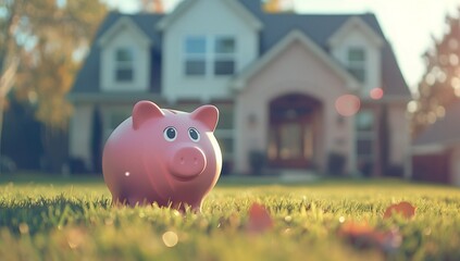 Pink piggy bank in front of house with bokeh effect and blurred background in boho style on sunny day in grassy yard.