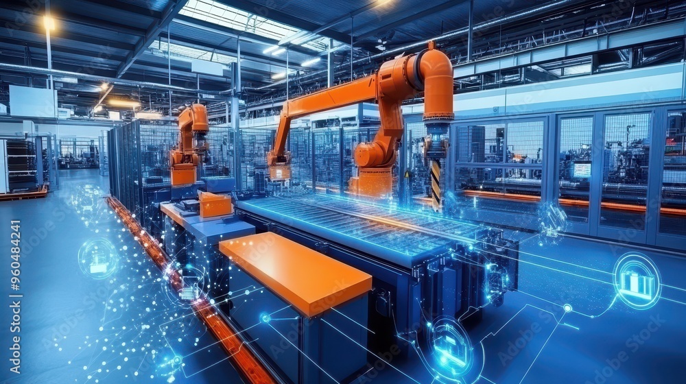 Poster futuristic automated factory with robotic arms and advanced technology