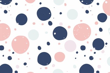 A seamless pattern with a digital illustration of polka dots, their forms composed of soft pastel pink and navy blue hues against a white background, evoking an airbrushed effect.