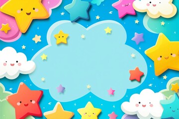 Cute cartoon cloud and star background with space for text, colorful stars, cute clouds, playful design illustration simple background
