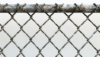 Fototapeta premium A close-up of the top bar on an old, rusted chain-link fence with visible wire particles and rough edges.