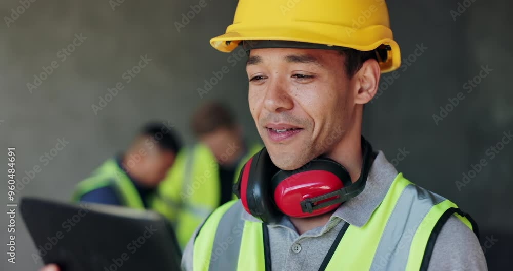 Poster Planning, tablet and engineering with man on construction site for project management, property development and building inspection. Architecture, technology and digital blueprint with person