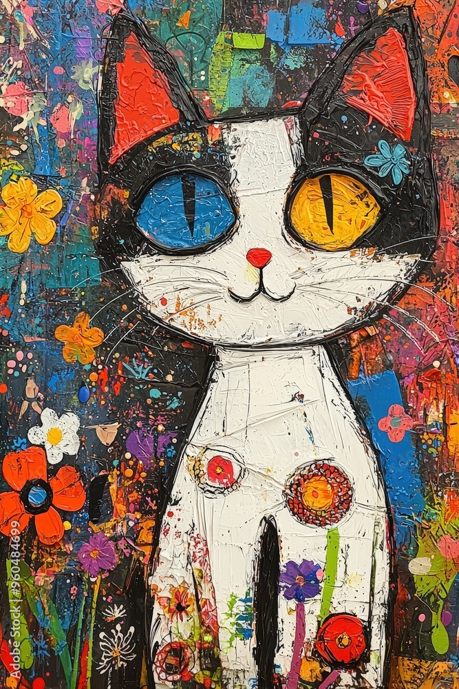 Poster This artwork features a cheerful cat with striking blue and yellow eyes standing amidst an explosion of colorful flowers and bright patterns, radiating joy and creativity