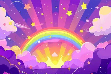 Obraz premium A cartoon rainbow with stars and clouds in the background, illustration purple color scheme, cute style