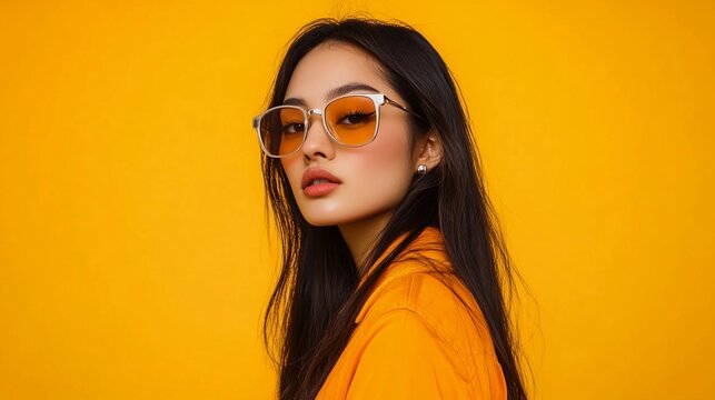 A confident young asian female fashion model posing with stylish clothes and luxury sunglasses against a vibrant yellow studio background