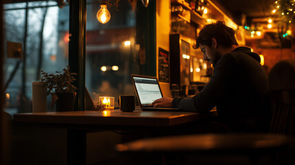 Man working on his laptop in a coffee shop, dark moody lighting 
