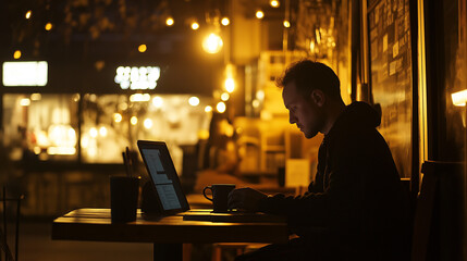 Man working on his laptop in a coffee shop, dark moody lighting 