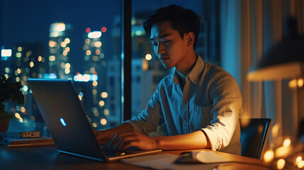 South east Asian man working at home 