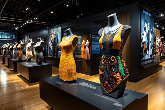 History museum exhibit on the history of fashion with mannequins and vintage clothing, depicted in an artwork where mannequins display vintage clothing from different eras, with detailed explanations