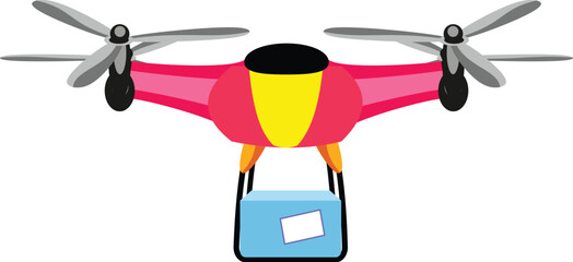 Modern red delivery drone flying with package, unmanned aerial vehicle, latest technology